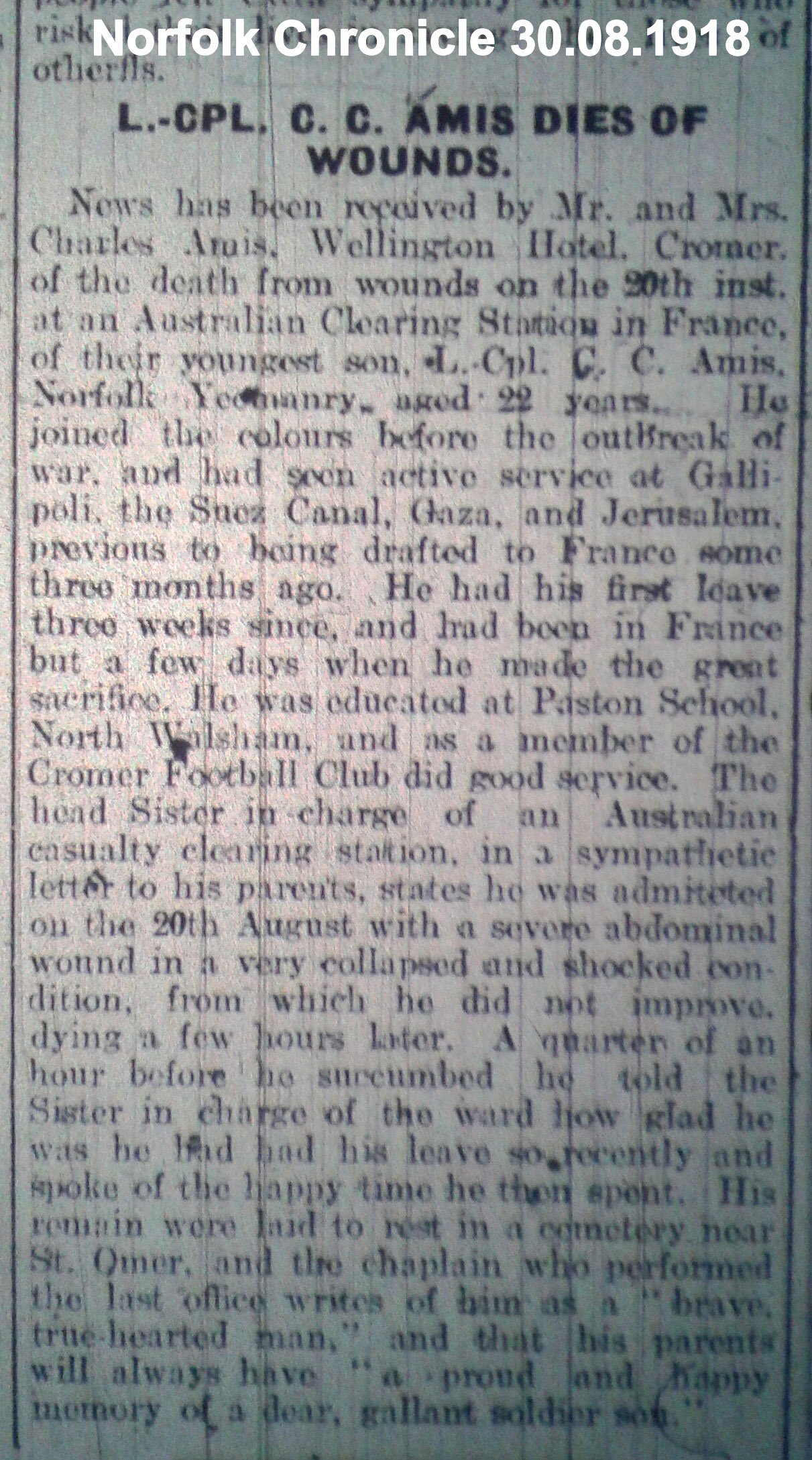 An entry in the Norfolk Chronicle for 30th August 1918. Cecil had served througout the war but would die as it approached its end.