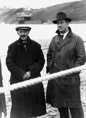 Edmund Harrison on Cromer beach, 1933, with the rescued skipper of the barge 'Sepoy'. Edmund Harrison on Cromer beach, 1933, with the rescued skipper of the barge 'Sepoy'.